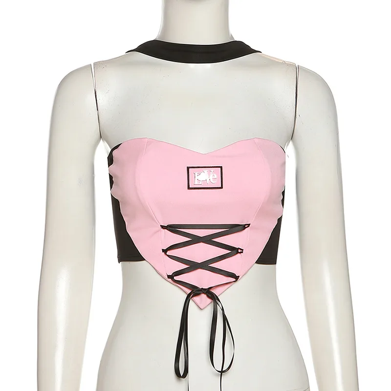 Fashion Colour Contrast Lace-up Waist Backless Halter Vest - Black