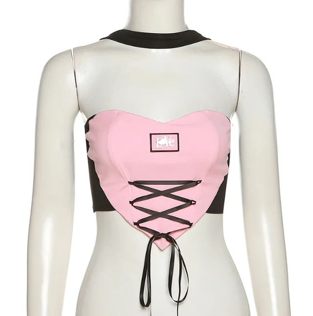 Fashion Color Contrast Lace up Waist Backless Halter Vest Black - Shop at LoveMi