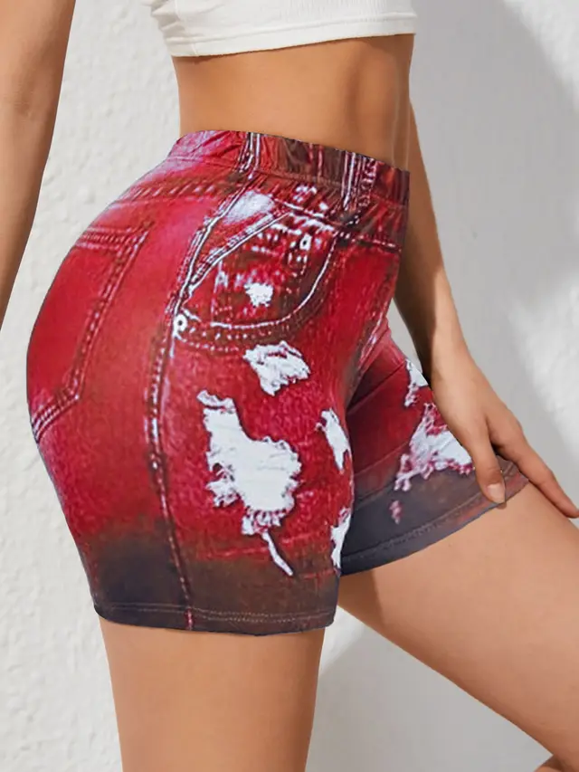 Women's Printed Denim Yoga Sports Hip Lifting Red - Shop at LoveMi