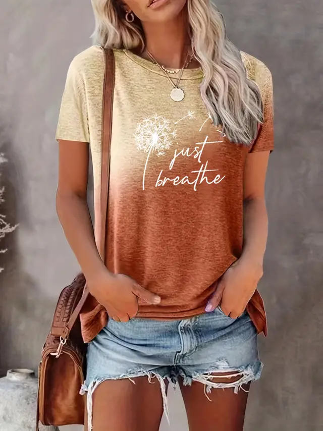 European And American Gradient Printing T shirt Round Neck Straight Orange - Shop at LoveMi