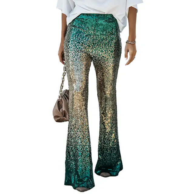 Gradient Color Wide Leg European And American High Waist Slim fit Sequined Flared Pants Green - Shop at LoveMi