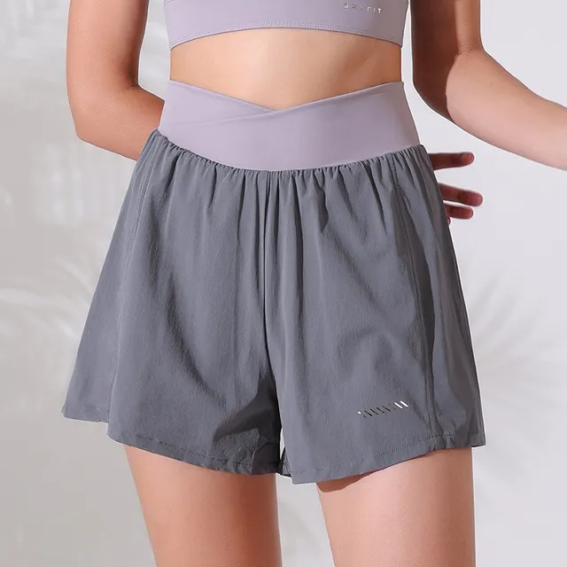 High Waist Anti exposure Fake Two piece Sports Shorts Gray - Shop at LoveMi