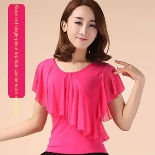 Square Dance Clothing Mesh Round Neck Latin Dance Dancing Practice Clothes - Rose Red Short Top