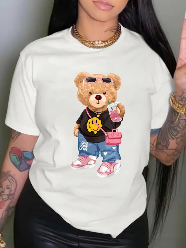 Summer Printed Fashion Cool Bear Printed T shirt Short Sleeve Round Neck Casual Top White - Shop at LoveMi