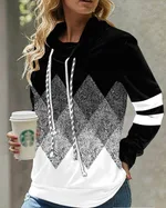 New Women's Pile Collar Hooded Printed Top - Black And White Diamond