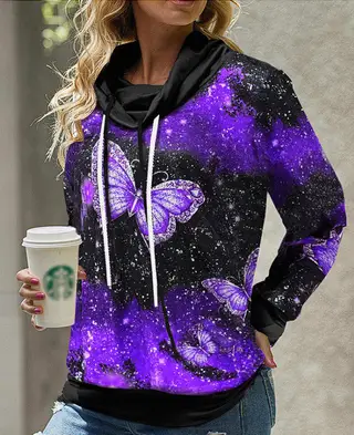 New Women's Pile Collar Hooded Printed Top - Purple Butterfly