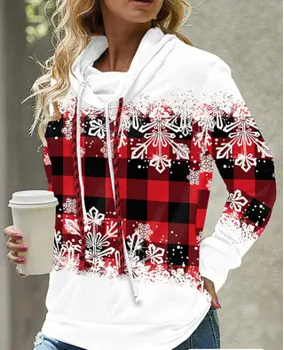 New Women's Pile Collar Hooded Printed Top - Snowflake Red Plaid
