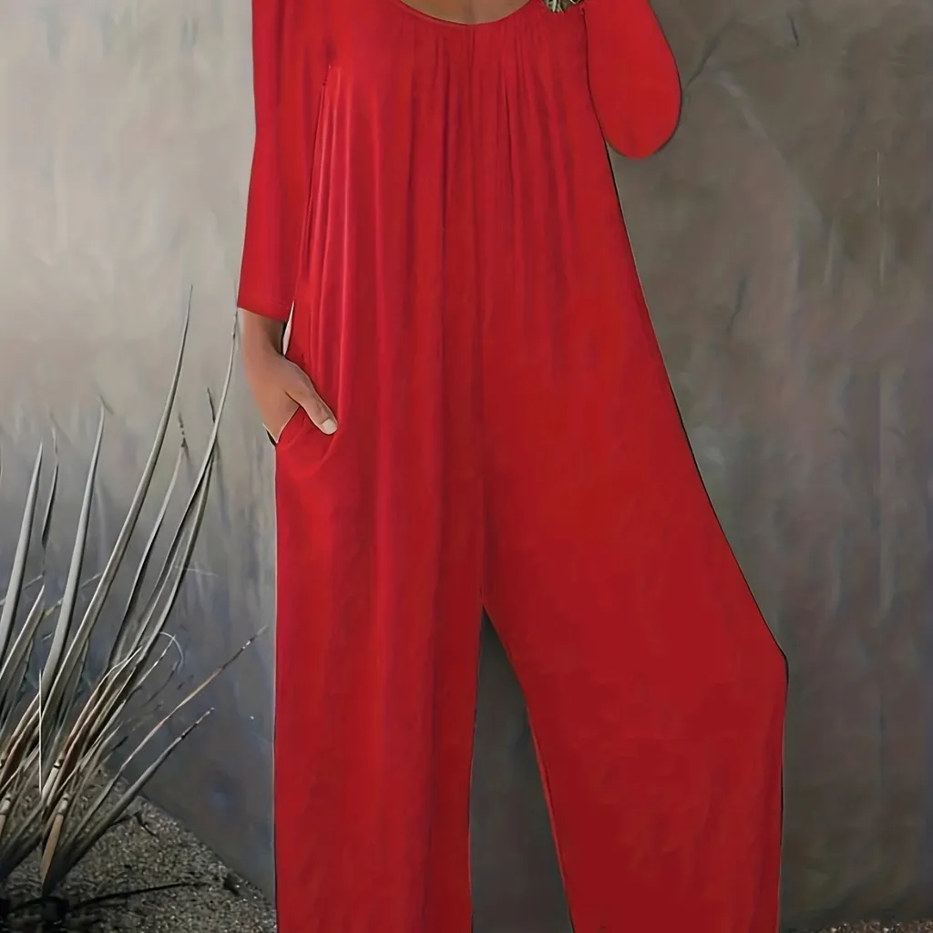 Women's Loose Casual Long Sleeves Jumpsuit - Red