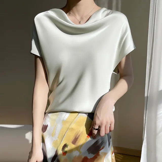 Women's Spring And Summer Silk Satin Short Sleeve Bean Green - Shop at LoveMi