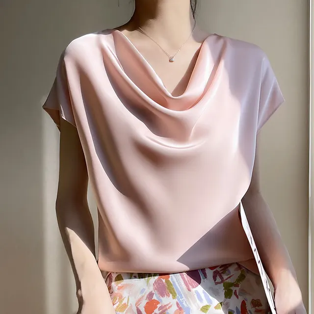 Women's Spring And Summer Silk Satin Short Sleeve Pink - Shop at LoveMi