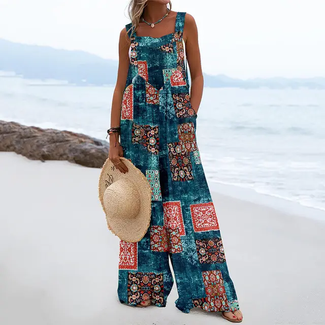 Ladies' National Style Cotton And Linen Button Suspender Jumpsuit Duck Green - Shop at LoveMi