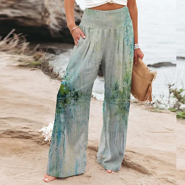 Elastic Printing High Waist Casual Wide Leg Pants With Pockets Tie Dye - Shop at LoveMi