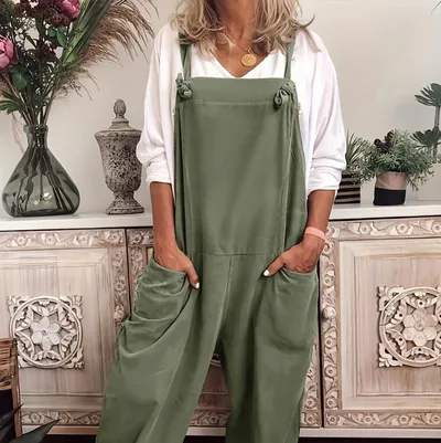 Women's Solid Color Casual Pocket Lace up Adjustable Jumpsuit Army Green - Shop at LoveMi