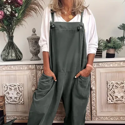 Women's Solid Color Casual Pocket Lace up Adjustable Jumpsuit Dark Gray - Shop at LoveMi