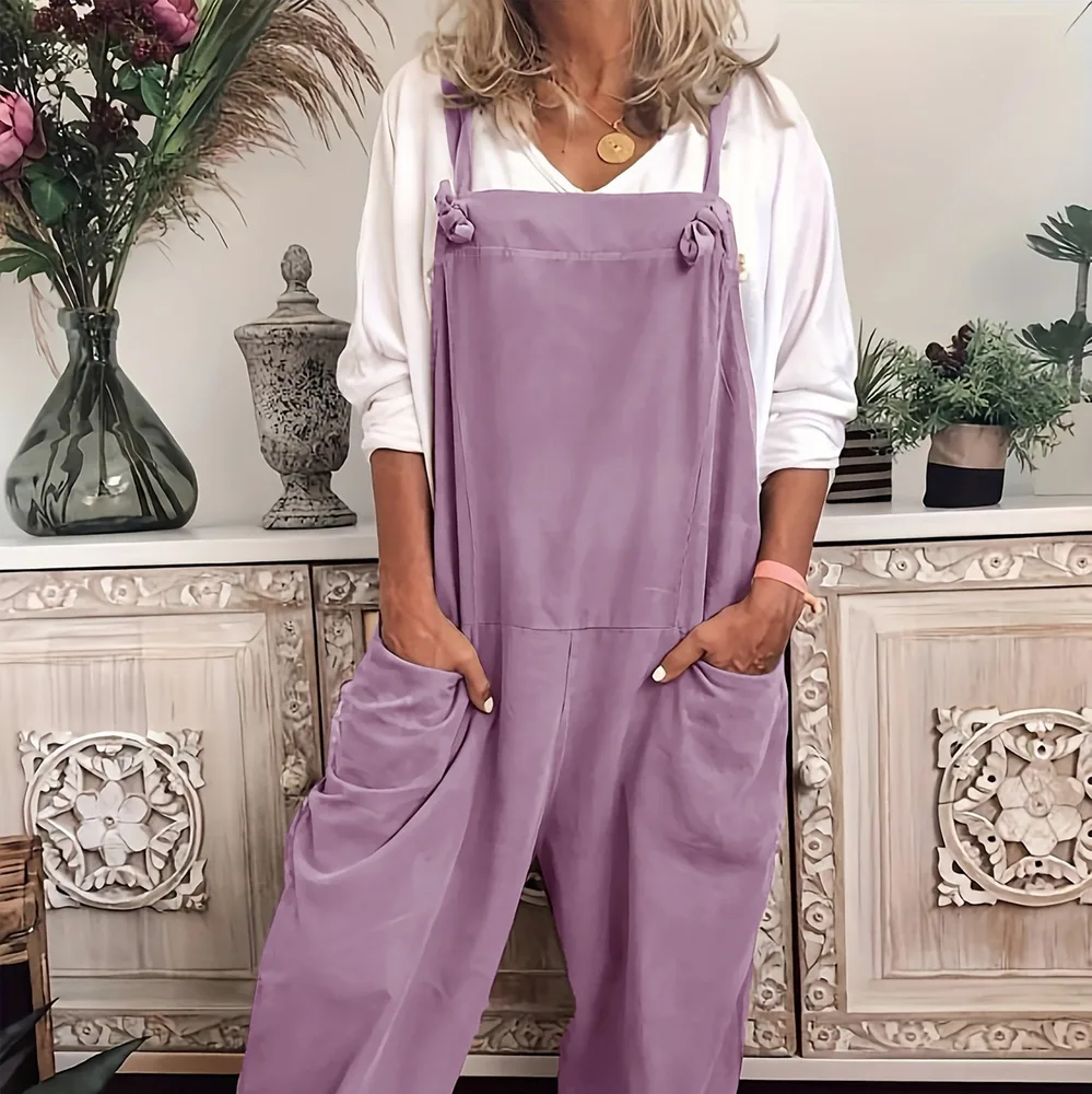 Women's Solid Color Casual Pocket Lace up Adjustable Jumpsuit Purple - Shop at LoveMi
