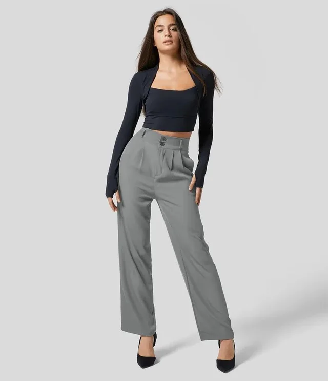 European And American Cool Silk Floss Formal Wear High Waist Button Access Control Pocket Gray - Shop at LoveMi