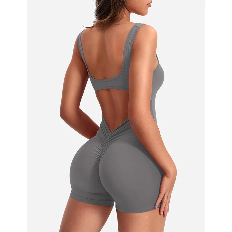 Women's Shoulder Strap Backless Slim Fit Hip Lifting Yoga Jumpsuit - Grey With Chest Pad