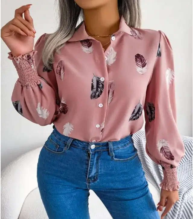 Women's Feather Printing Lapel Lantern Long Sleeve Shirt Pink - Shop at LoveMi