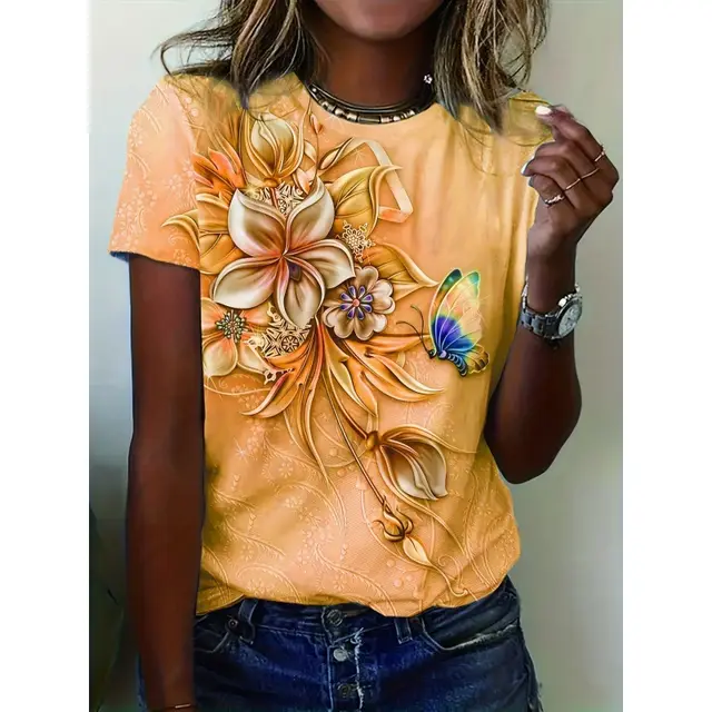Pattern Round Neck T shirt Leisure Short Sleeve Orange - Shop at LoveMi