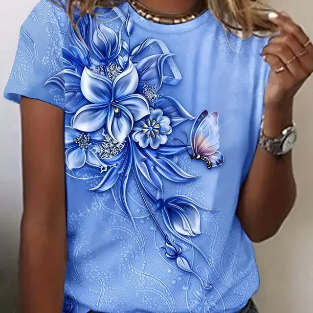 Pattern Round Neck T shirt Leisure Short Sleeve Sky Blue - Shop at LoveMi
