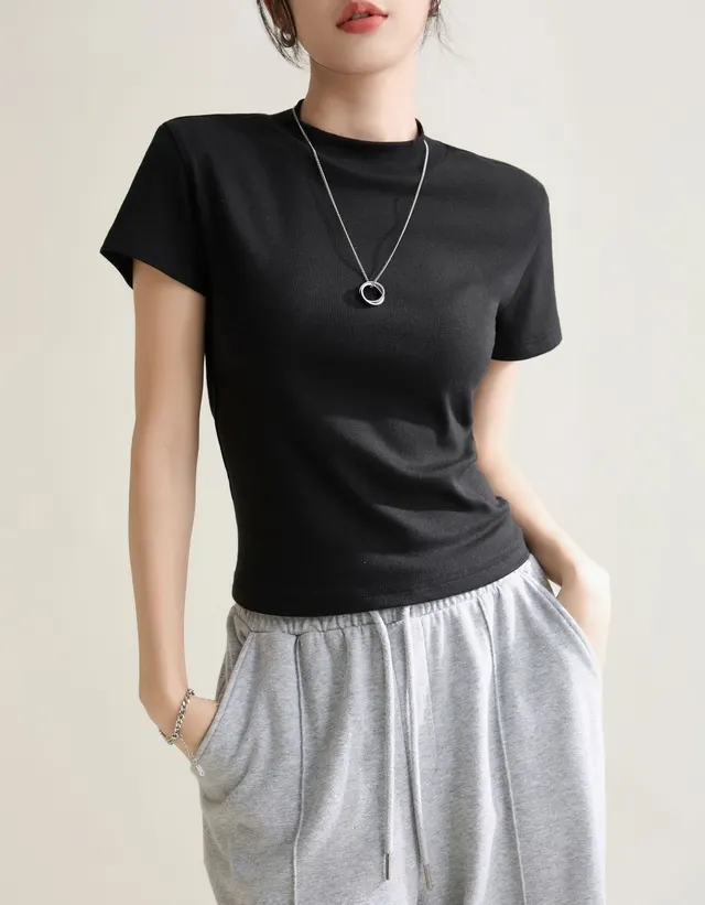 Elegant Slim fit Solid Color Shoulder Round Neck Short Sleeve Black - Shop at LoveMi