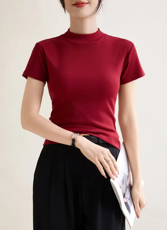 Elegant Slim fit Solid Color Shoulder Round Neck Short Sleeve Deep Red - Shop at LoveMi