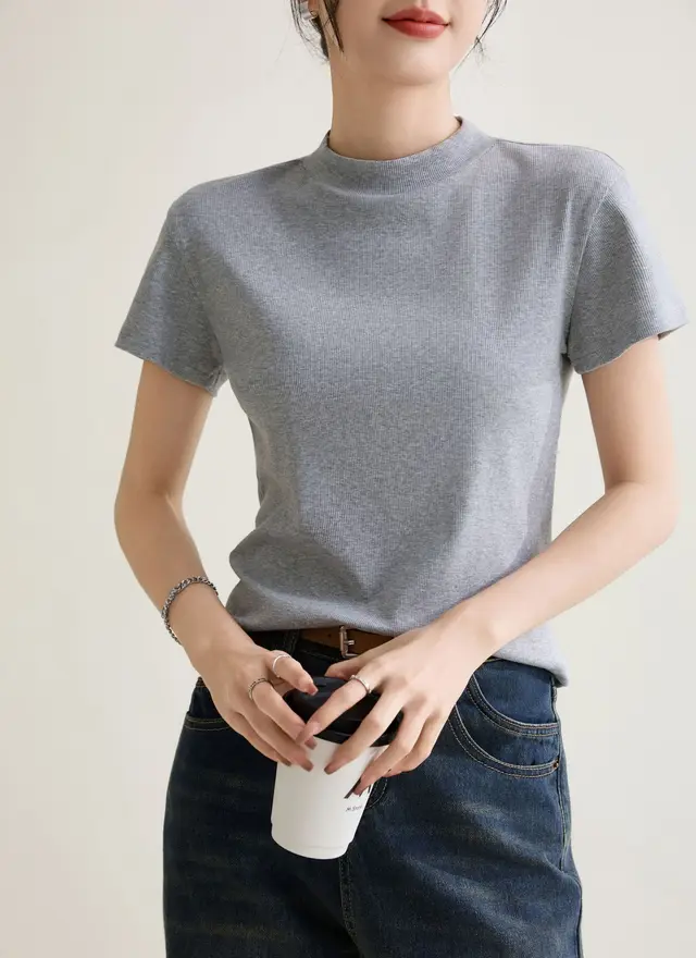 Elegant Slim fit Solid Color Shoulder Round Neck Short Sleeve Flower Gray - Shop at LoveMi