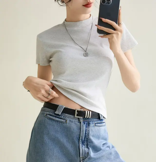 Elegant Slim fit Solid Color Shoulder Round Neck Short Sleeve Light Gray - Shop at LoveMi
