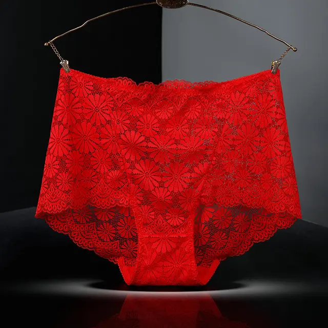 High Waist Hollow out Sexy Transparent Plus sized Purified Cotton Briefs Bright Red - Shop at LoveMi