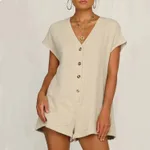 European And American Fashion Button V-neck Loose Short Sleeve One-piece - Apricot