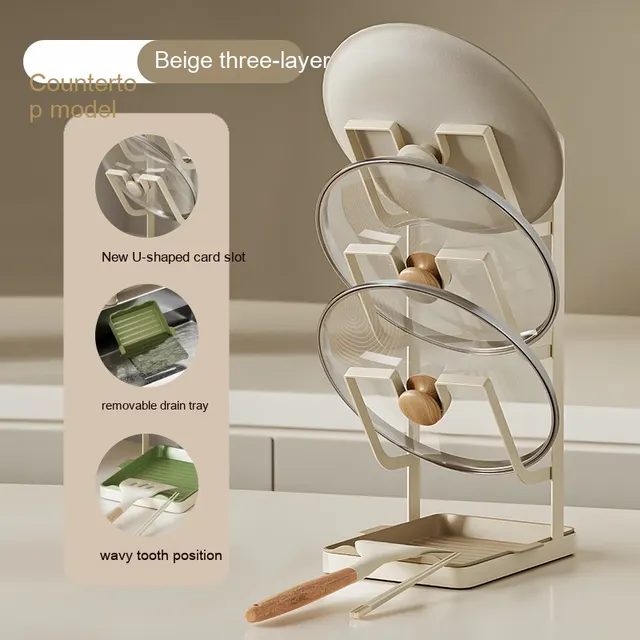 Pot Lid Shelf Table Top Punch free Kitchen Storage Rack Beige Three Layers - Shop at LoveMi