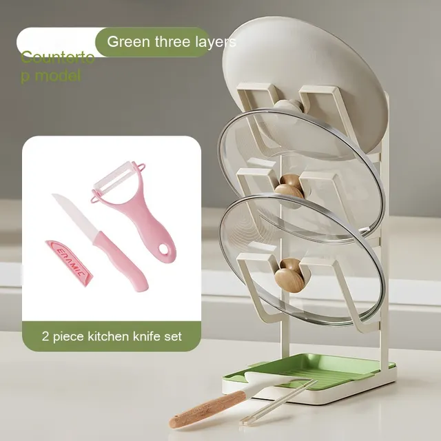 Pot Lid Shelf Table Top Punch free Kitchen Storage Rack Green Three Layer 3Pcs Knife - Shop at LoveMi
