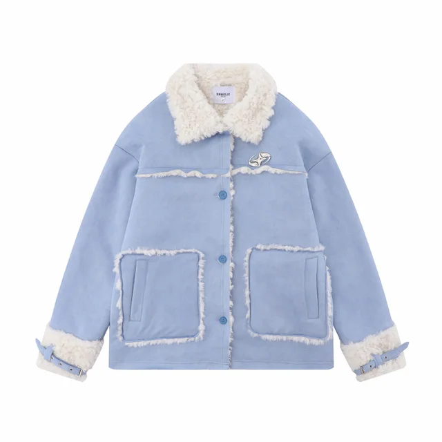 Women's Patchwork Lambswool Lapel Cotton padded Coat Blue - Shop at LoveMi