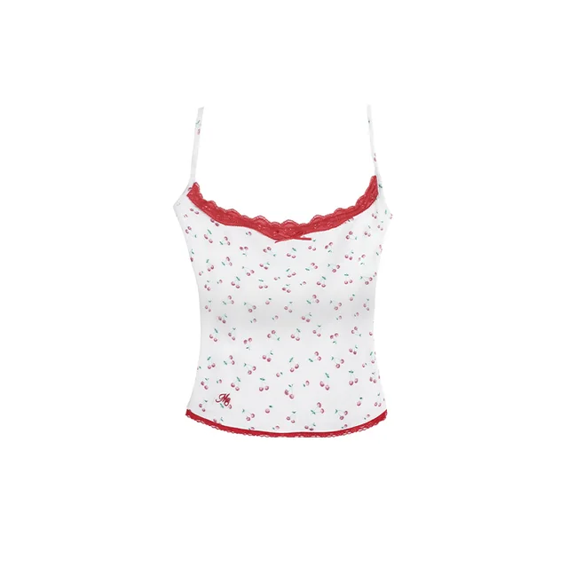 Polka Dot Cherry Lace Camisole Can Be Inner Wear Outer Wear Vest Top Cherry Red - Shop at LoveMi