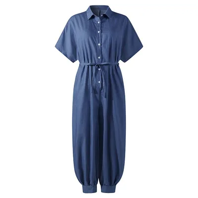 Solid Color Plus Size Casual Short Sleeve Denim Jumpsuit Dark Blue - Shop at LoveMi