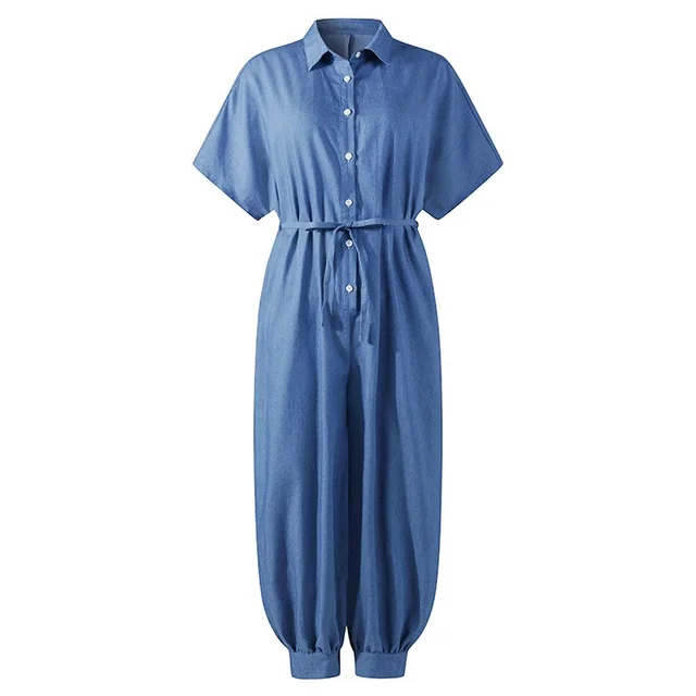 Solid Color Plus Size Casual Short Sleeve Denim Jumpsuit Light Blue - Shop at LoveMi