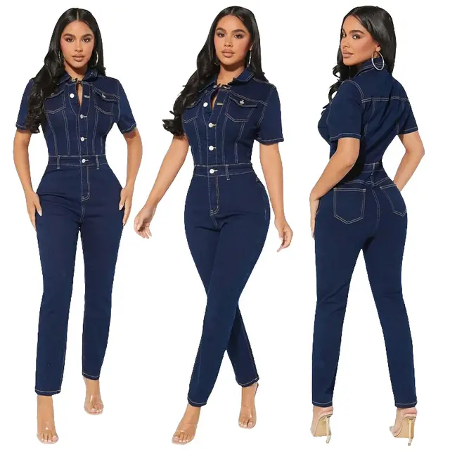 Fashion Skinny Denim Jumpsuit Women's Jeans Navy Blue - Shop at LoveMi