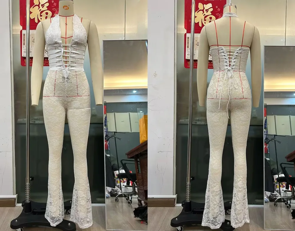 Women's Lace Lash Rope Lace Up Slim Fit Halter Jumpsuit - White Without Lining