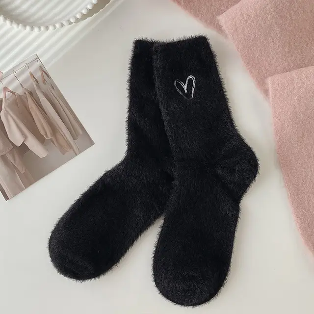 Women's Fashion Embroidered Mink Fur Socks Heart Black - Shop at LoveMi