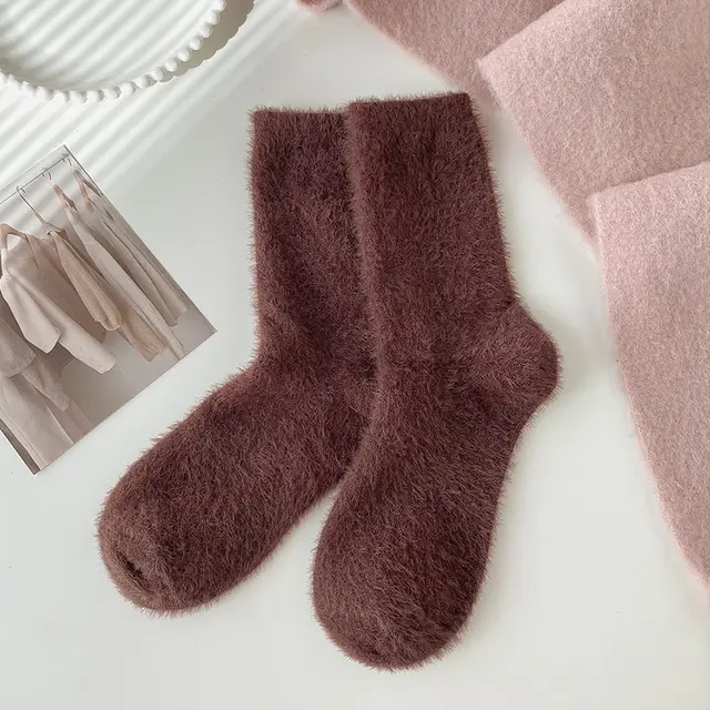 Women's Fashion Embroidered Mink Fur Socks Solid Color Coffee - Shop at LoveMi