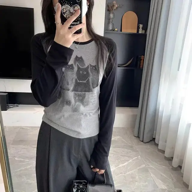 Simple Plus Size American College Style Cat Printing Long sleeved T shirt Top Gray - Shop at LoveMi