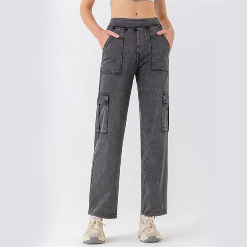 Women's Wide Leg Pocket Sports Jeans - Dark Gray