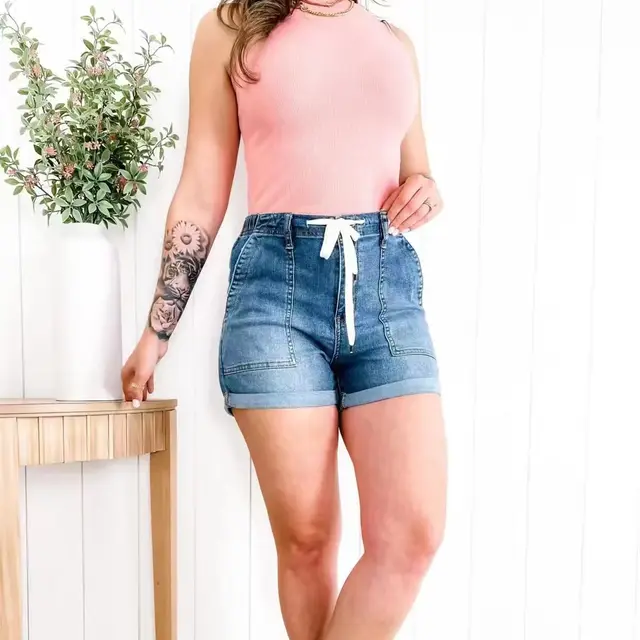 High waist Blue Patch Pocket Design Elastic Waist Tie Ladies Blue - Shop at LoveMi