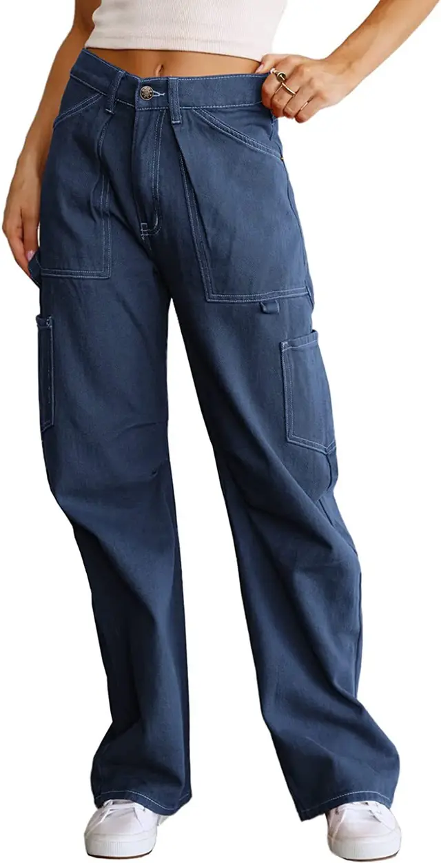 With Pocket High Waist Tooling Pants Wide Leg Blue - Shop at LoveMi