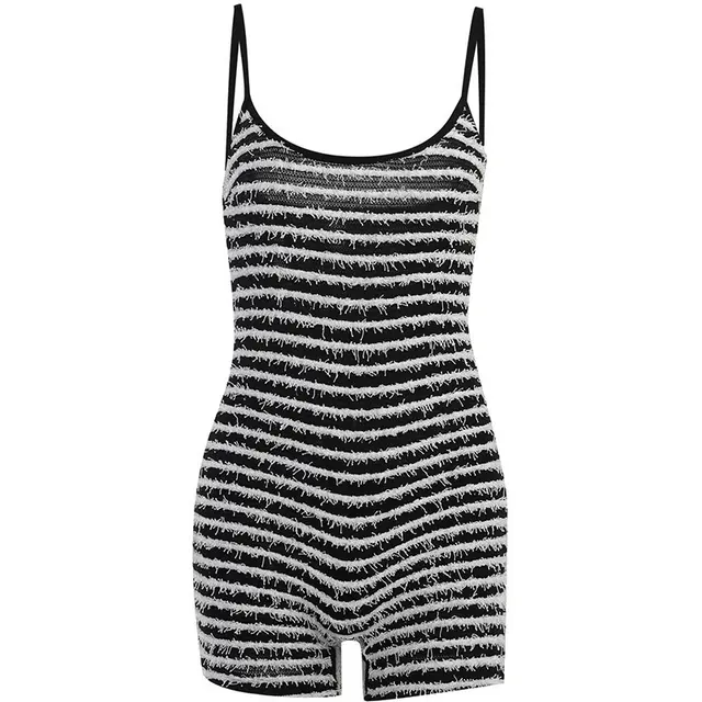 Women's Black And White Striped Waist tight One piece Shorts Black - Shop at LoveMi