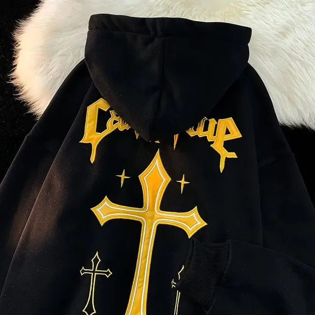 Men's And Women's Loose Cross Printed Hoodie Black - Shop at LoveMi
