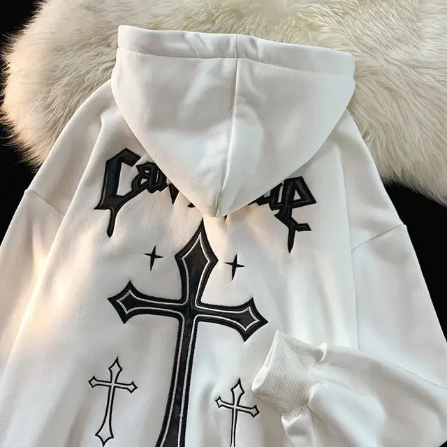 Men's And Women's Loose Cross Printed Hoodie White - Shop at LoveMi