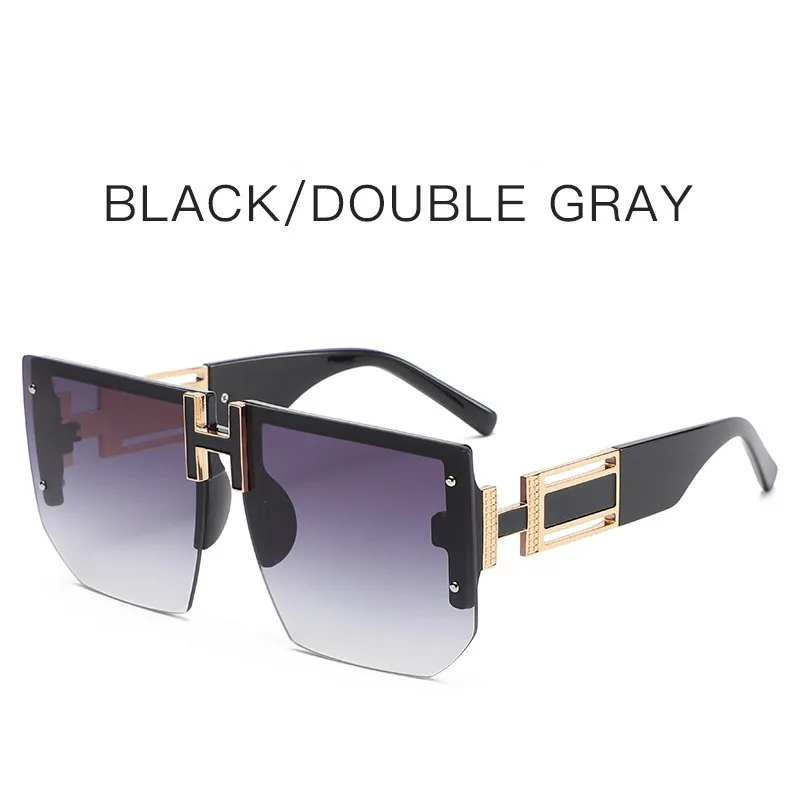 Retro Big Square Rim Glasses Rimless Fashion Sunglasses - Black Frame Gradient Gray