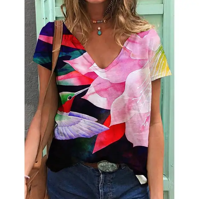 Women's Printed Short sleeved T shirt V neck Loose Top Style 1 - Shop at LoveMi
