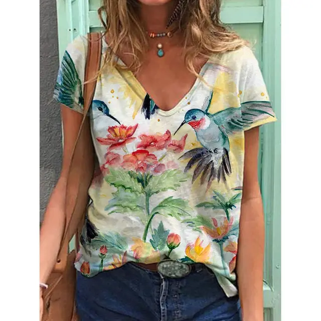 Women's Printed Short sleeved T shirt V neck Loose Top Style 3 - Shop at LoveMi